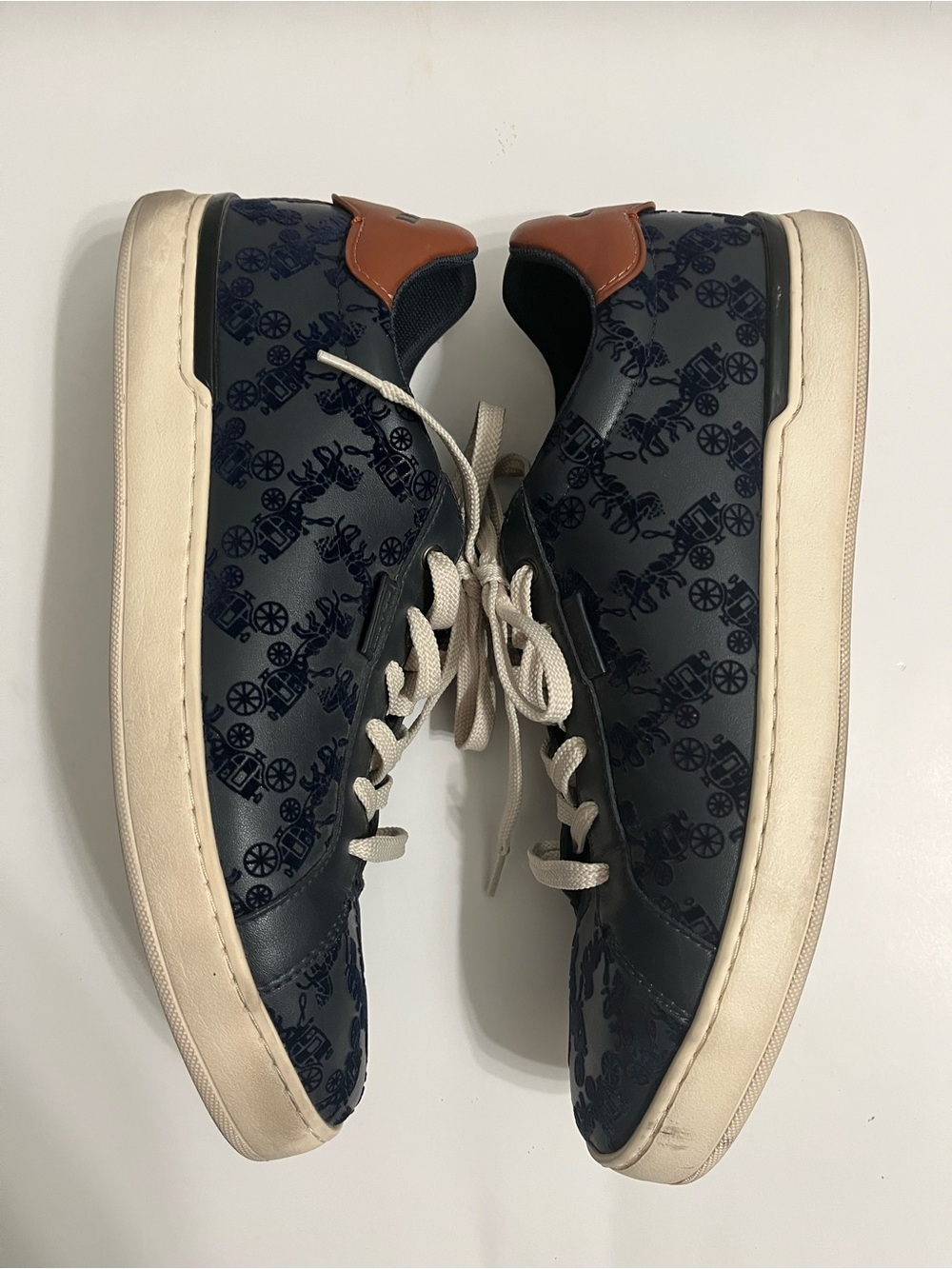 Coach Men's Navy Patterned Low-Top Sneakers with Tan Heel